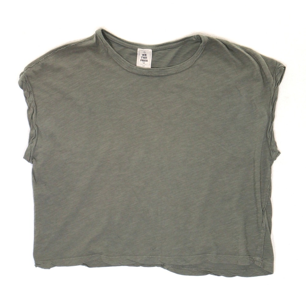 We The Free T-Shirt Women S Boxy Slub Knit Cap Sleeve Tee Olive Green Cotton - Picture 2 of 10
